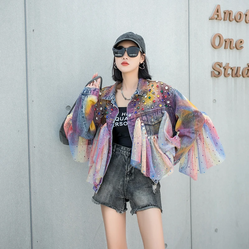 

Spring and Autumn Heavy Industry Fashion Brand Foreigner Colorful Mesh Rhinestone Tie Dyed Gradient Loose Denim Coat jackets