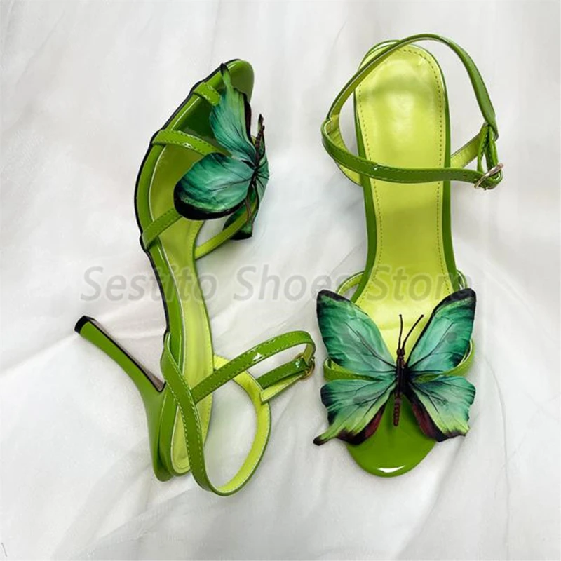 Summer New Green Butterfly Sandały dla kobiet Sexy Open Toe Ankle Strap High Heels Fashion Party Wedding Dress Shoes Stilettos