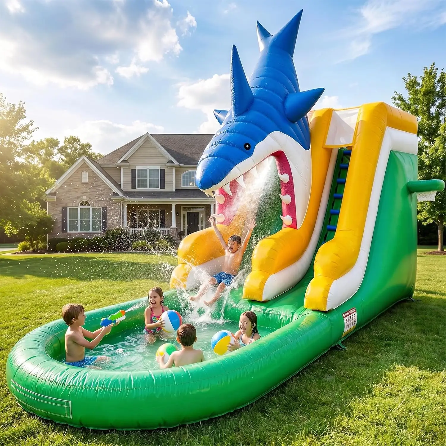 26FT Commercial Grade Inflatable Water Slide, Double Sliding Lanes and Pool, 100% Heavy Duty PVC Water Park, 1100W Blower Included, for Backyard Family Parties and Event Rentals