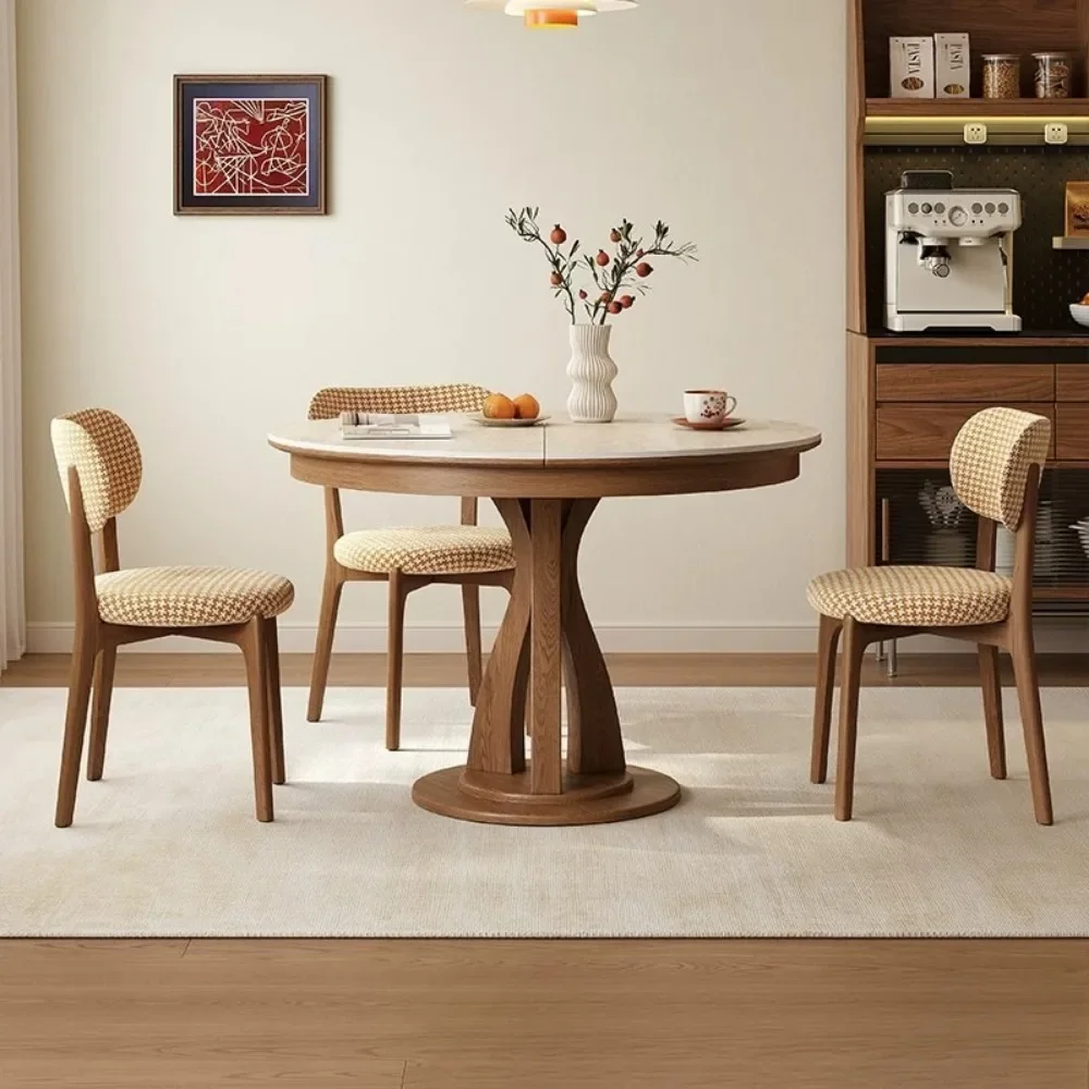 for Small Apartment Sintered Stone Solid Wood Extendable Dining Table,Convertible Round to Oval,Multifunctional Folding Table