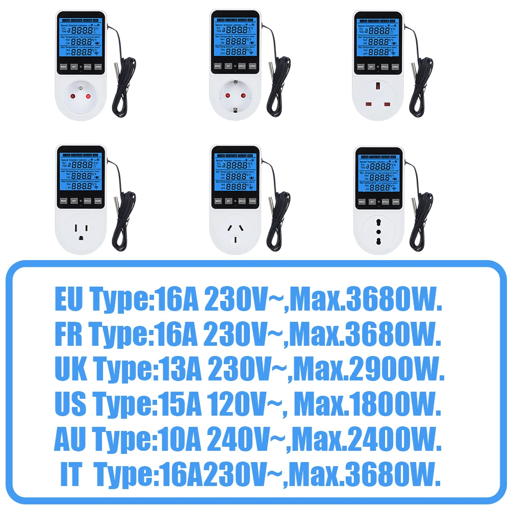 Newest Digital Temperature Controller Socket Outlet EU/US Plug Thermostat With Timer Sensor Probe Heating Cooling Switch 10-16A
