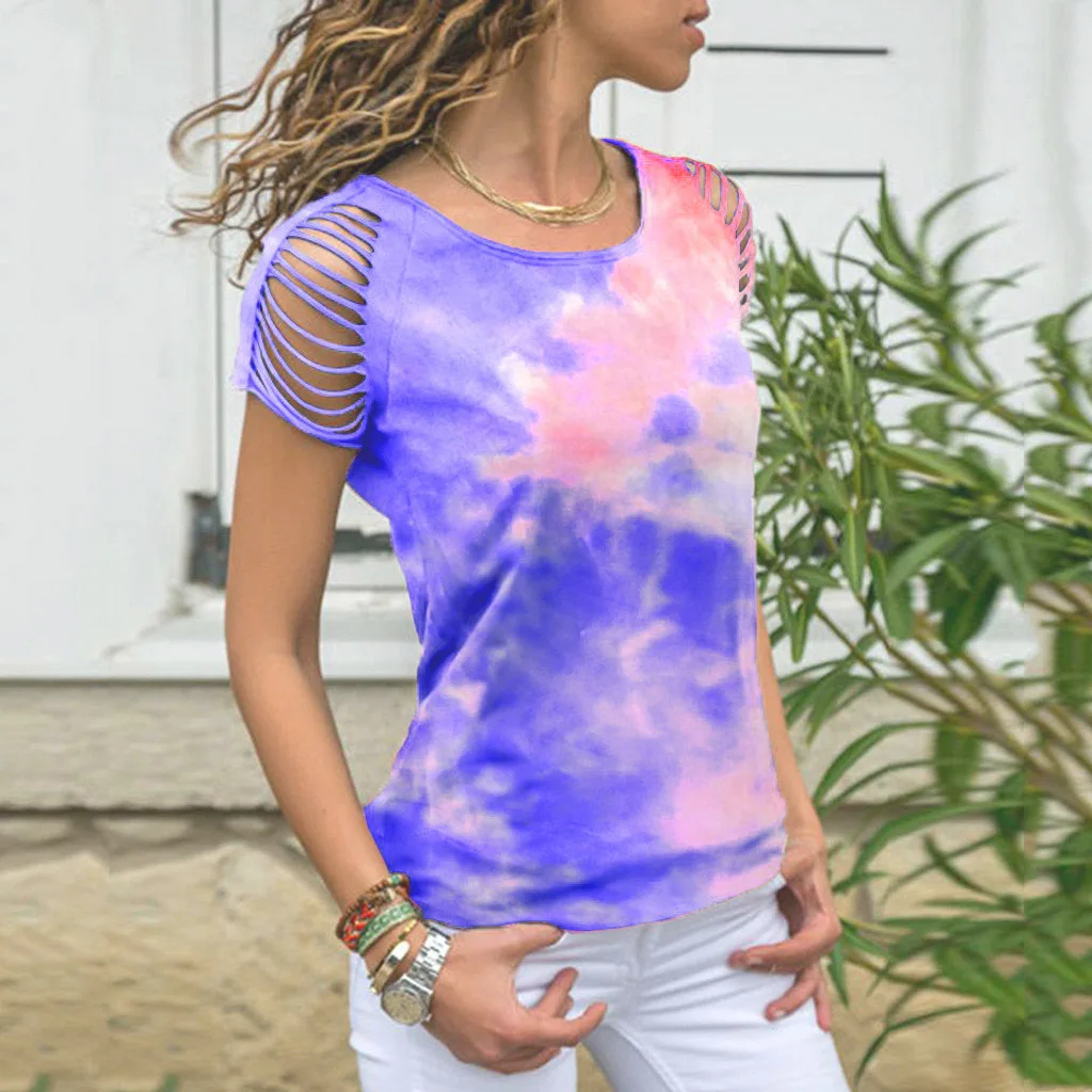 2024 Women's New European and American Style Tie Dye Ripped and Burnt Off-Shoulder Short Sleeve T-shirt