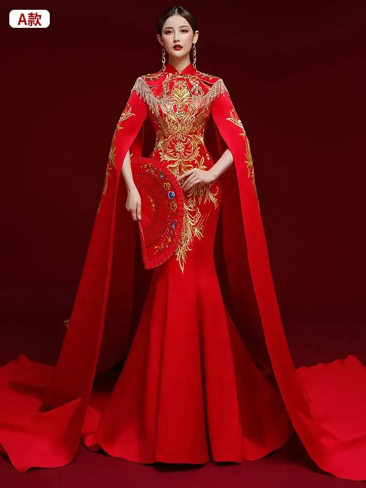 Style Exaggerated And Atmospheric Chinese Qipao Fashion Show High-end Performance Costume, Red Stage Host Dress, Han Fu