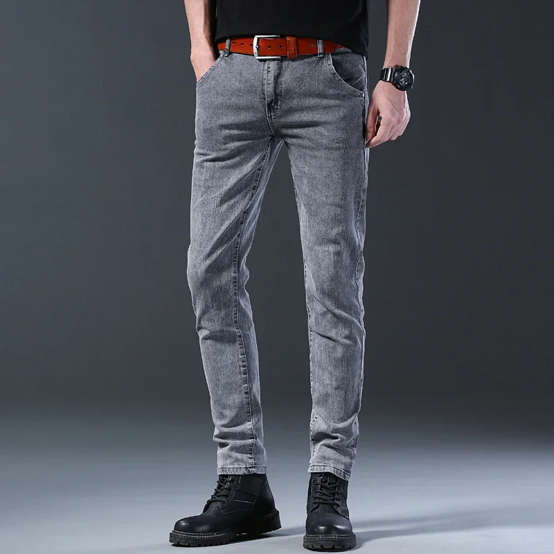 TPJB New Style Men's Slim Fit Jeans Korean Style Comfortable Straight Leg Elastic Gray Mid Waist Pants, Men's Casual Denim Pants