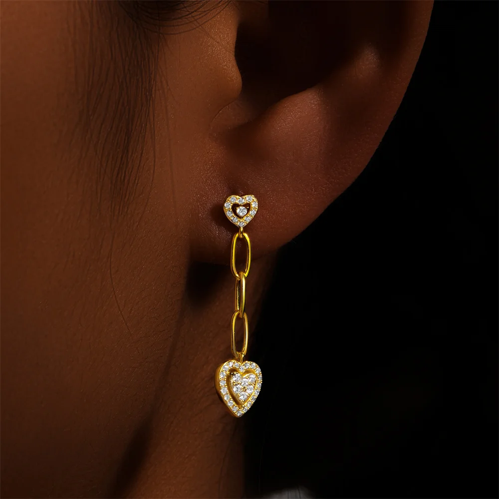 

CANNER Double Love Pendant Earrings S925 Sterling Silver Luxury Chain Heart-Shaped Long Tassel Drop Earrings For Women Jewelry