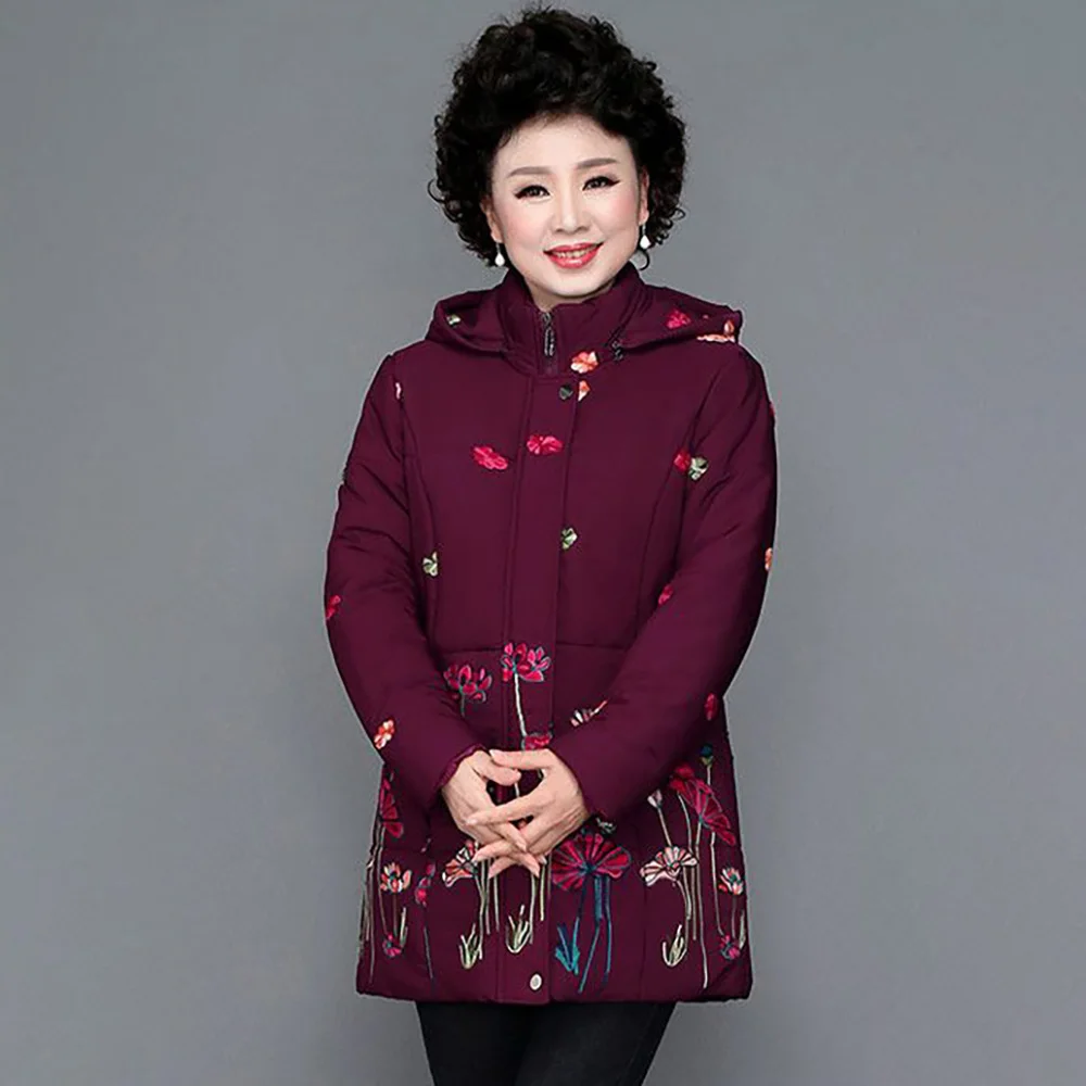 Mother Winter Hooded Printed Cotton-padded Jacket 2024 New Fashion Fleece Middle-aged And Elderly Warm Grab Cotton-Padded Jacket
