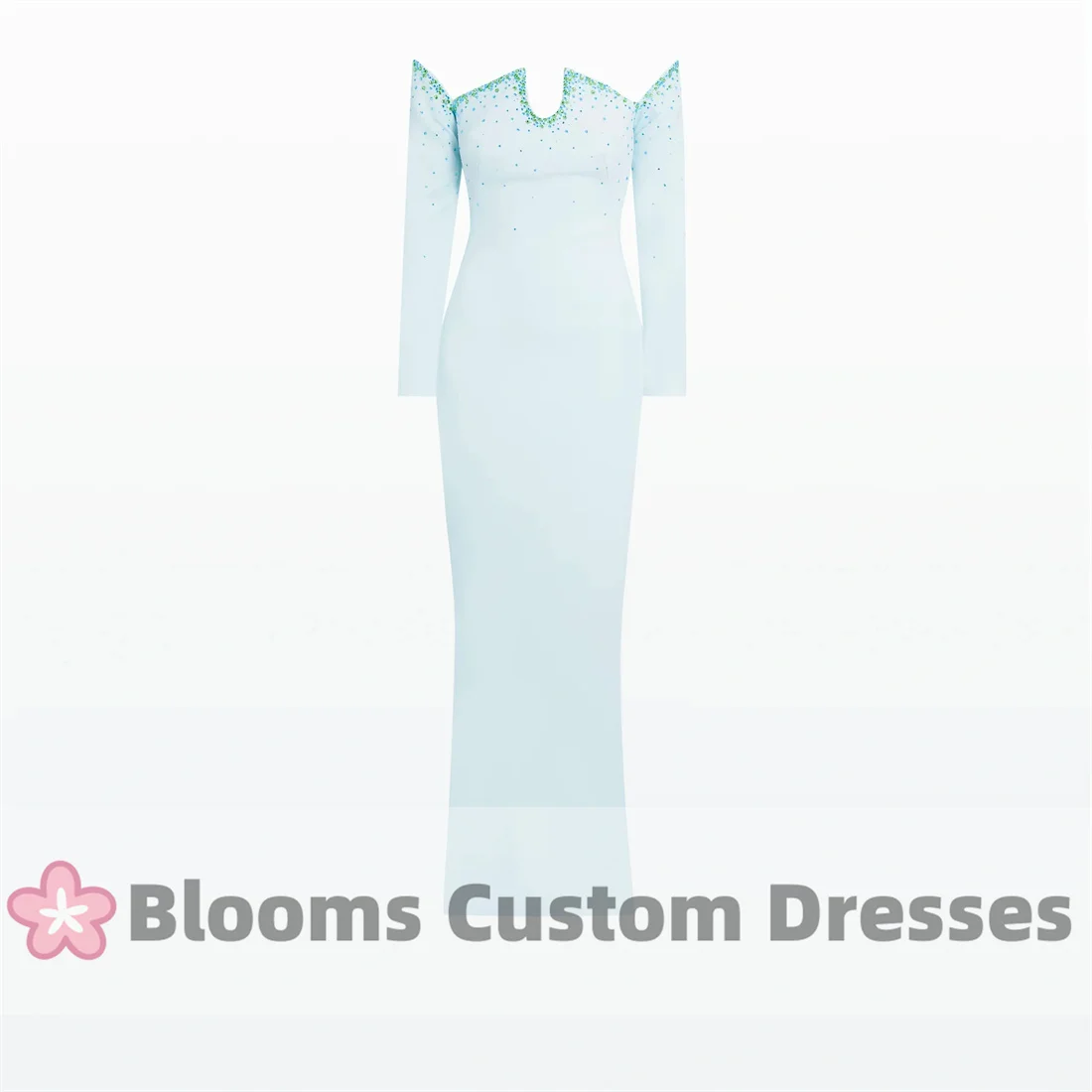 Blooms Light Blue Customized Evening Dresses Elegant Long Sleeves Formal Occasion Backless Wedding Green Blue Beaded Prom Dress