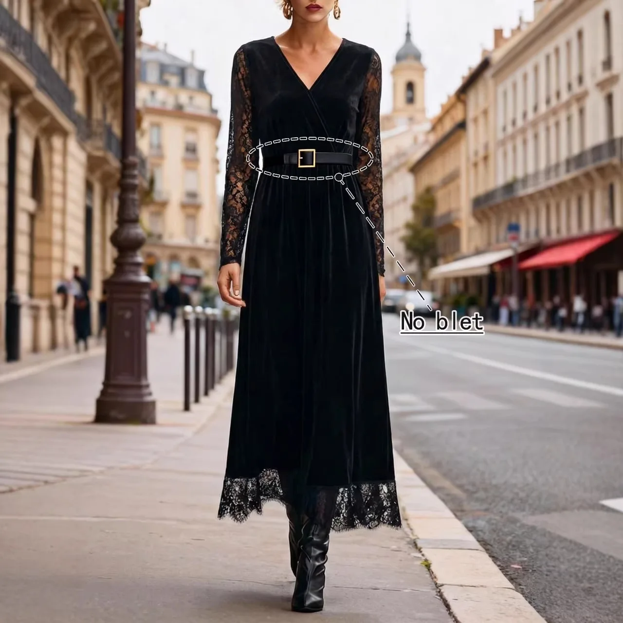 

French-Style Elegant Black Velvet Dress With Long Sleeves, Lace Trim, V-Neck, Waist-Cinching, Slimming And Elegant,