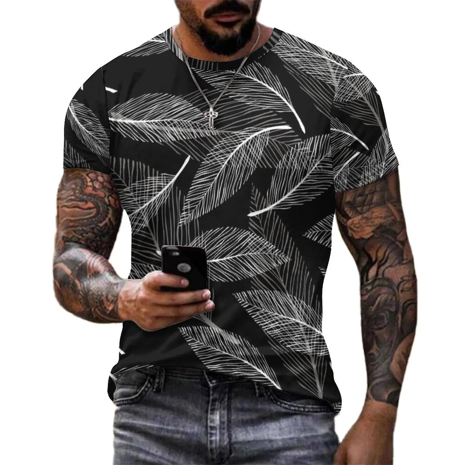 White Leaf T-Shirt Plant Print Harajuku T Shirts Short Sleeve Printed Tops Wholesale Summer Street Style Oversized Clothes