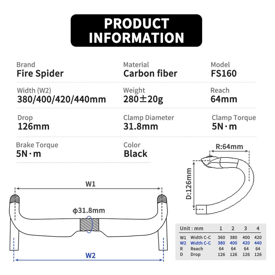 Fire Spider Bike Carbon T1000 Road Handlebar 380/400/420/440mm