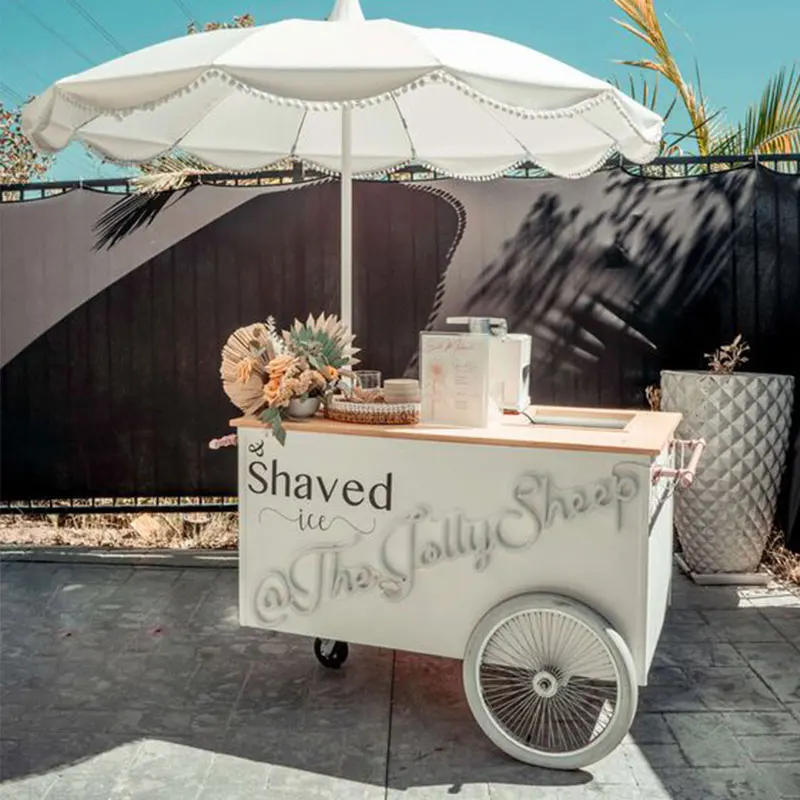 Wholesale Price Customized Metal Candy Cart Snack Beverage Service Cart Coffee Cart with Umbrella Business Sales