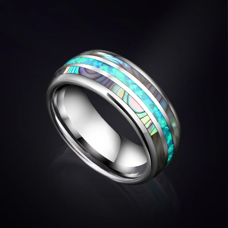 

Customizable 8mm Width Tungsten Wedding Rings for Man Inlay Two Pcs Shell & Opal Dome Band Comfort Fit Size 6-13 Free Shipping