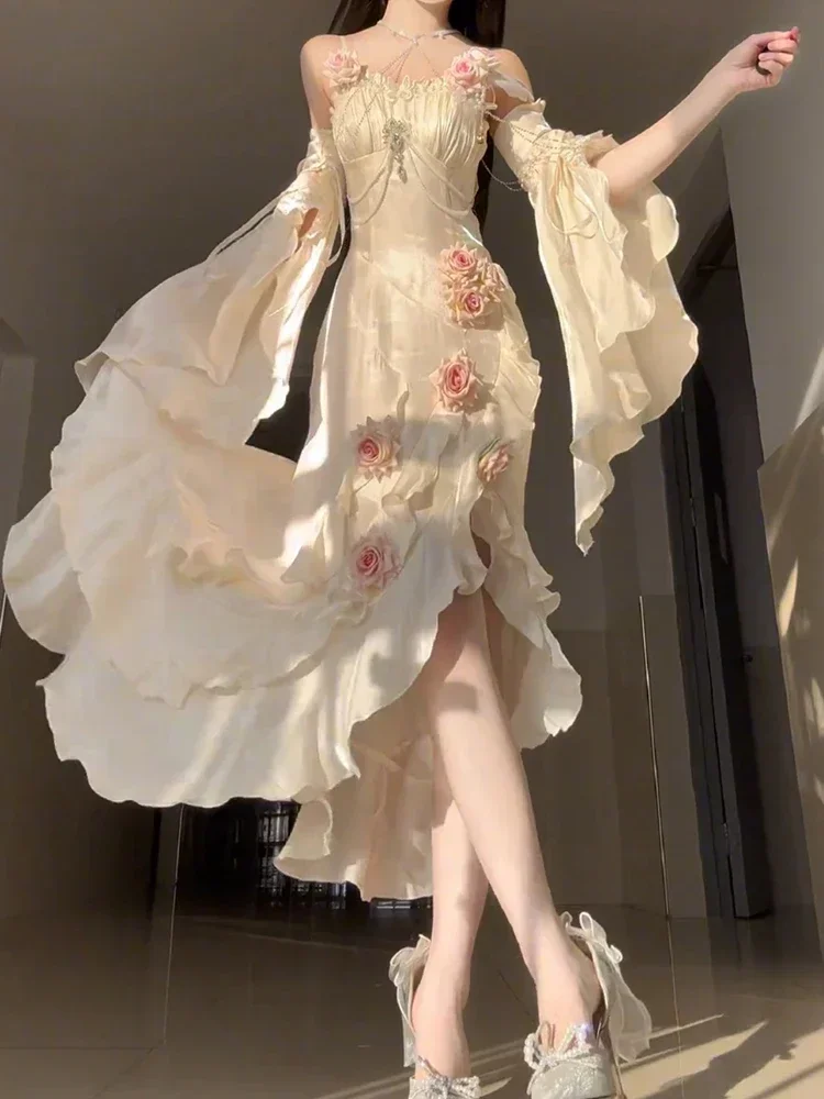 Damenkleid mit hoher Taille, schmal geschnitten, elegant, mit 3D-Rosen, unregelmäßigem Schnitt, langem Rock, Gothic-Ärmel, Sommer, süß, Lolita, Fischschwanz, Feenkleid – Detail 2