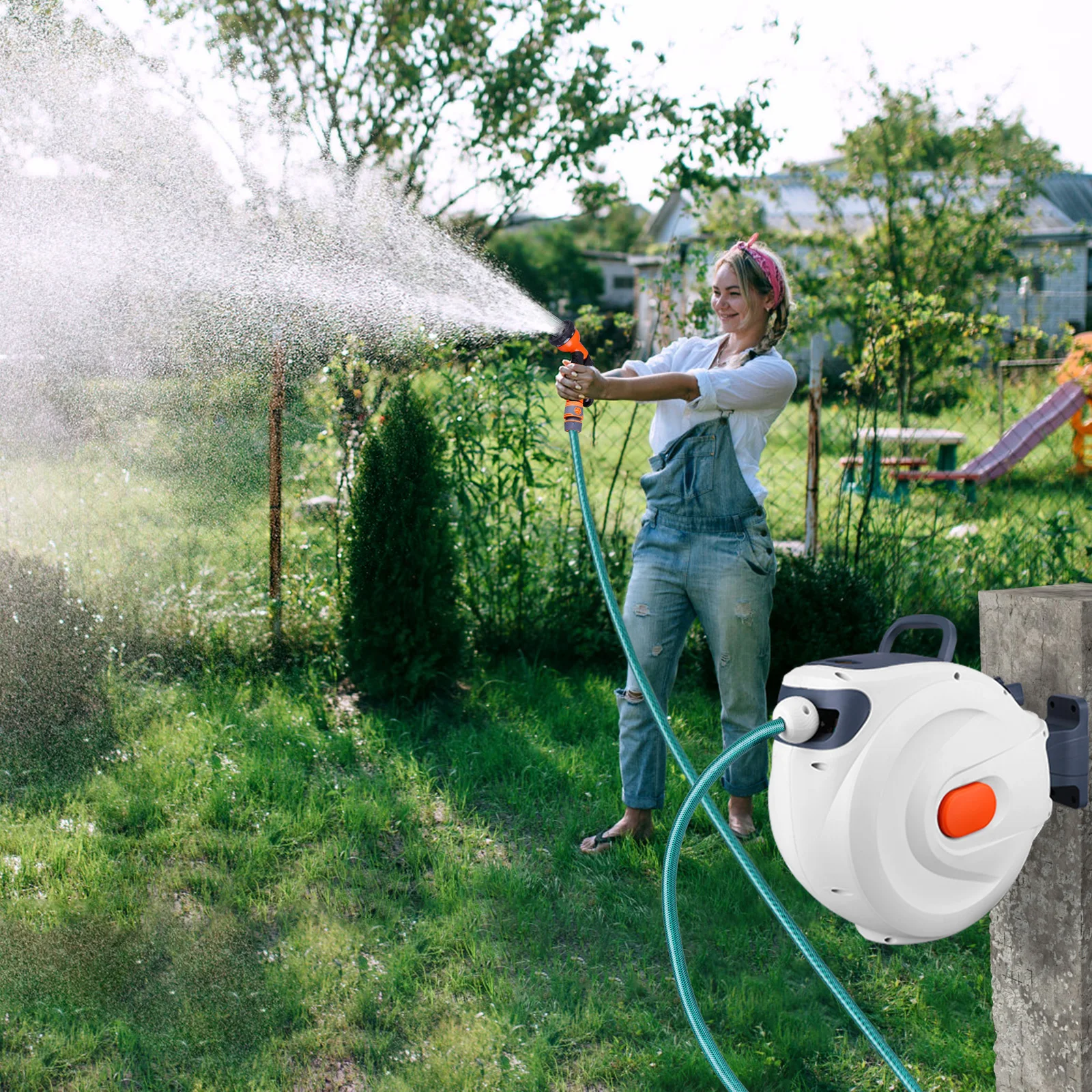 

65 Ft Retractable Garden Hose Reel Wall Mounted Hose Reel Any Length Lock Telescopic Water Hose Reel 2 Modes for Garden Watering