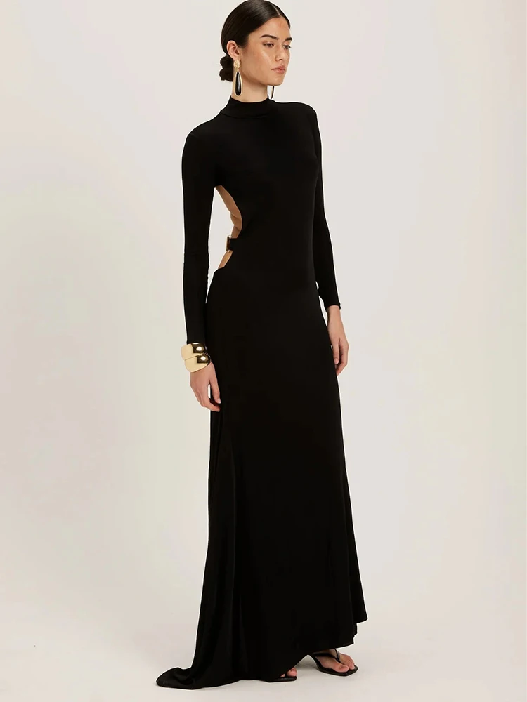 Sibybo Metal Backless Sexy Bodycon Maxi Dress Women Gowns Elegant Half High Collar Long Sleeve Evening Party Dresses Vestidos
