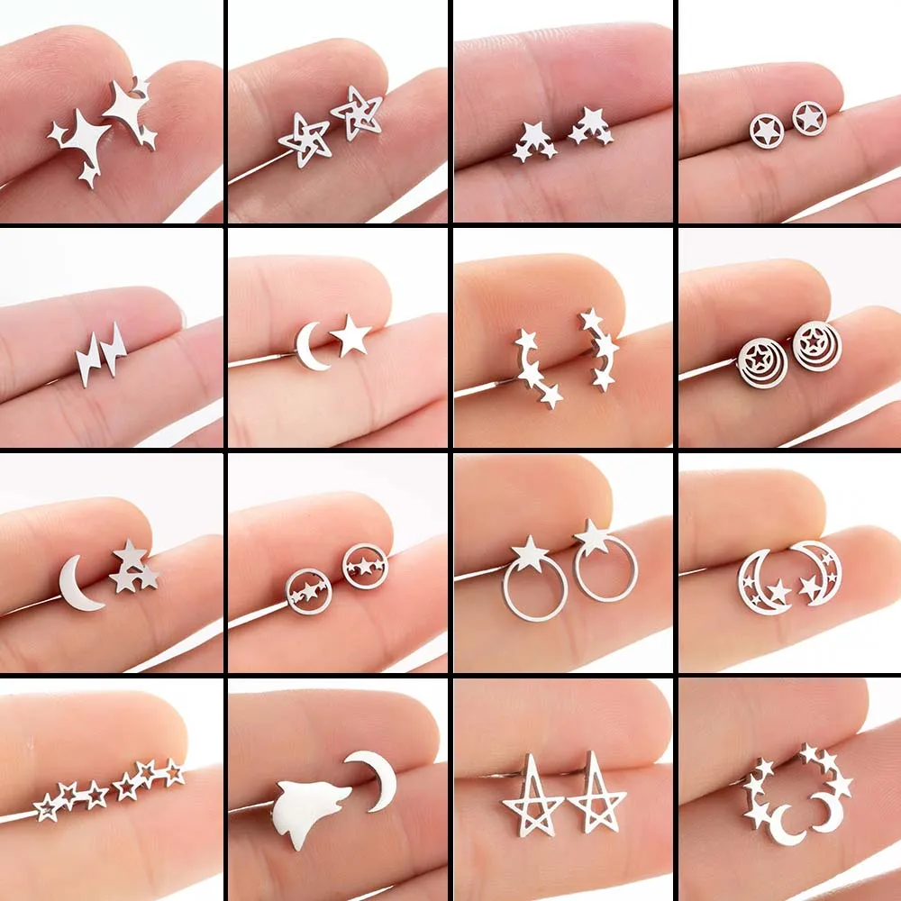 Small Star Moon Stud Earrings Accessories For Girls Pentagram Geometric Surgical Steel Asymmetric Earrings Jewelry Pircing Oreja