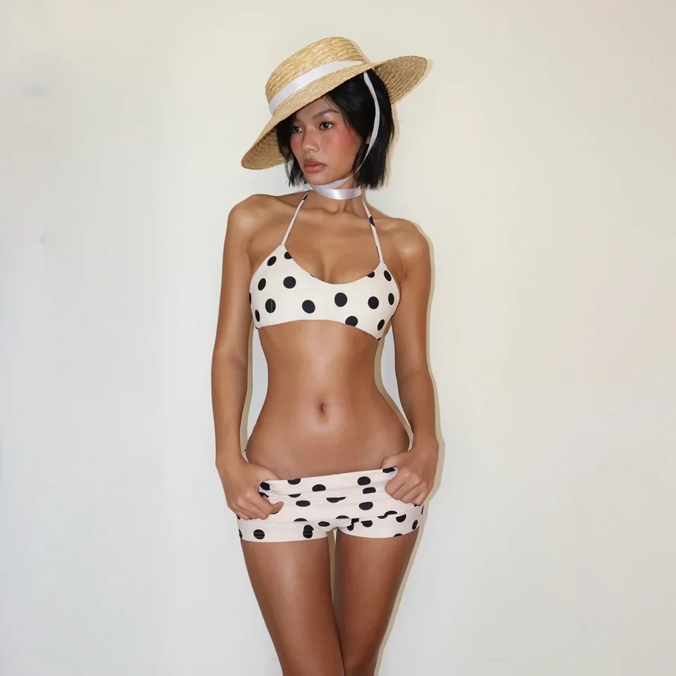 Women 2 Piece Bikini Shorts Set Y2k Polka Dot Print Halter String Triangle Bikini Top with Low Rise Swim Boyshorts Beachwear