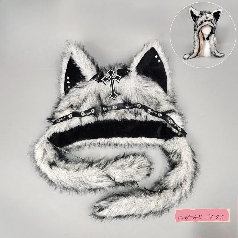 Design di nicchia giapponese Sottocultura Hottie Cat Ear Goth Cappello di peluche Autunno Inverno Halloween Punk Rock Accessori in metallo Cappello termico