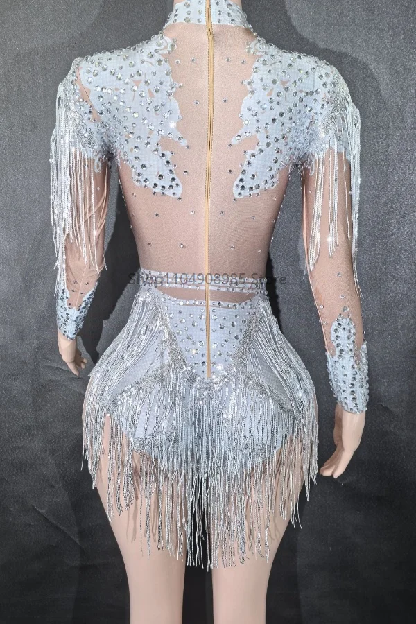 

Women's Stretchy Long Sleeve Turtleneck Beaded Tassel Bodysuits Special Occasion Showgirl Stage Costumes Dancer Dress