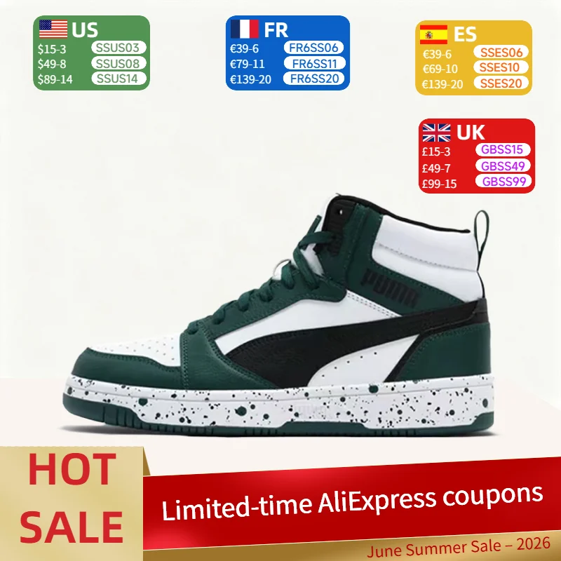 Puma Rebound V6 Retro, Trendy, Stylish, Unique, Durable, and Comfortable High-Top Sneakers (Unisex) in White and Green 400849-01