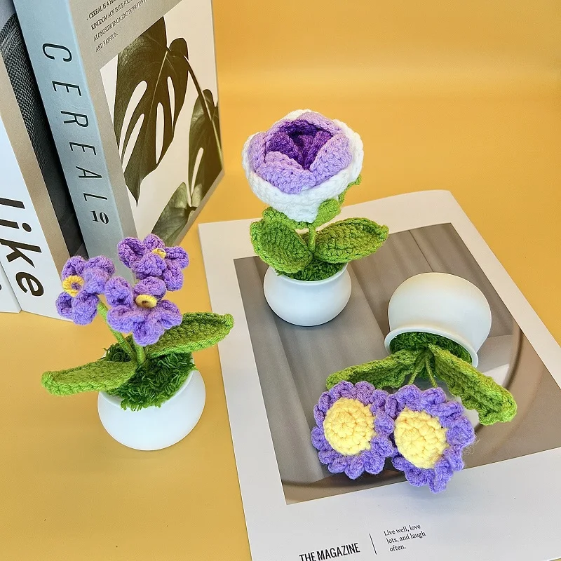 Hand Knitting Crochet Artificial Plants Sunflower Rose Flower Potted Purple White Blue Home Decor Accessories Bedroom Decoration