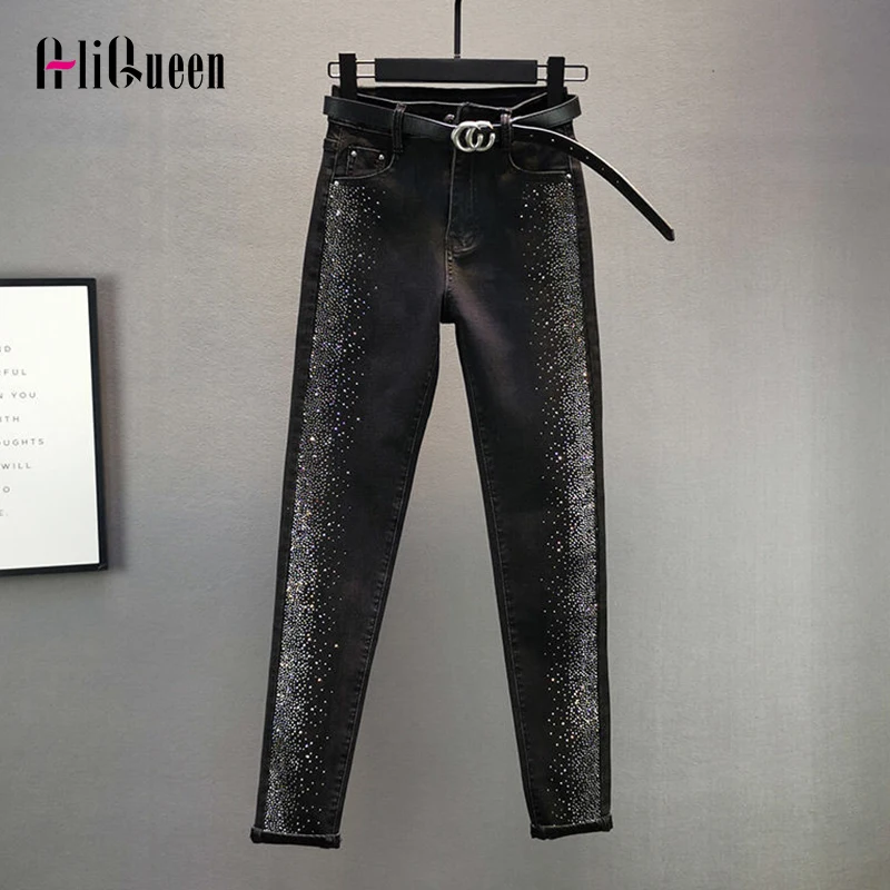 

Spring Autumn Streetwear Women Vintage Black Slim Diamonds High Waisted Jeans Woman Ankle-length Blue Denim Pants Trousers 3XL
