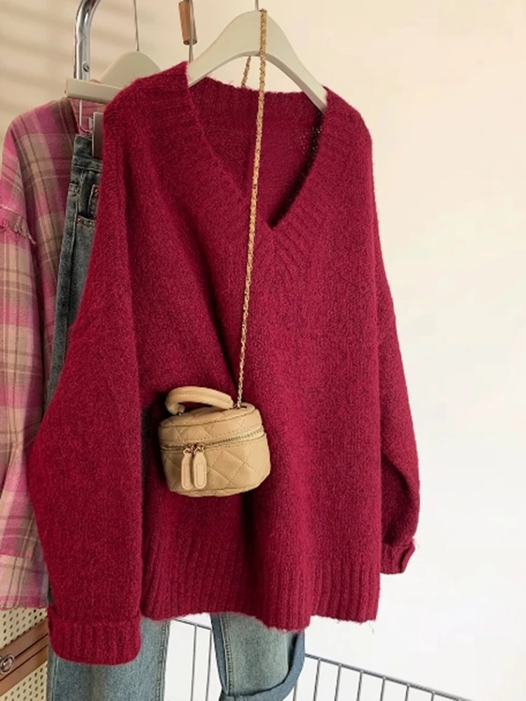 Jersey para mujer, suéter Otoño Invierno Harajuku Vintage de manga larga con cuello en V, Tops de punto informales de estilo perezoso