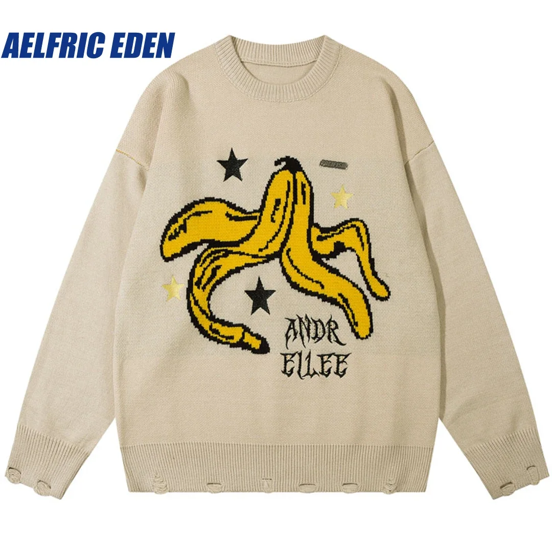 

Aelfric Eden Knitted Embroidery Star Jumper Hip Hop Harajuku Banana Peel Ripped Sweater 2023 Men Fashion Loose Pullover Knitwear