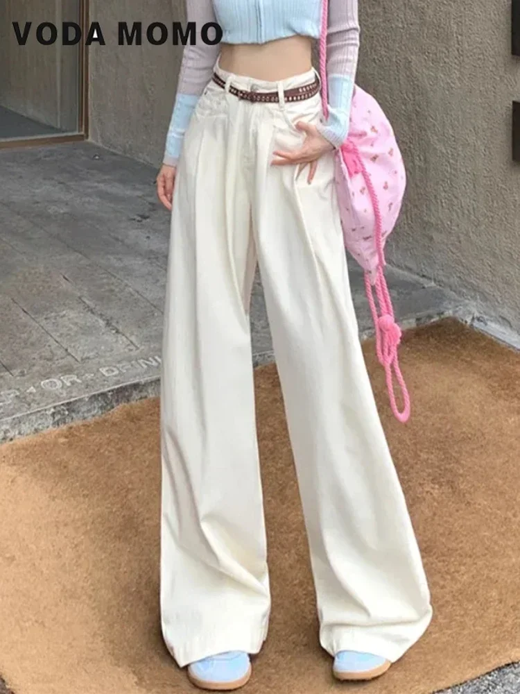 

Корейские модные брюки, однотонные джинсы, женские брюки с высокой талией, новые широкие брюки в стиле Харадзюку для отдыха, ретро-дизайн, свободные прямые широкие брюки