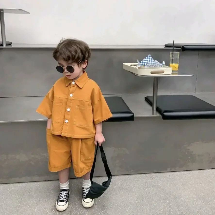 

New Children Clothes Solid Color Clothes Shirt Cute Capri Pants Two-piece Set Fashion Clothes Boys Short Sleeved Top 2025 Summer