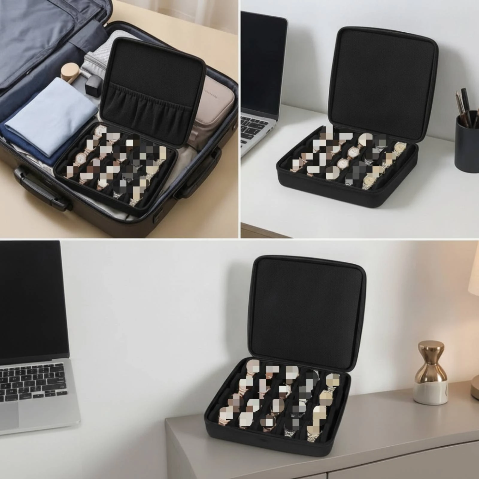 Watch Case with Foam Inserts Multi-Compartment Watch Box with Zipper Hard Shell for Collectors, Journeyers, Home Storage, Travel