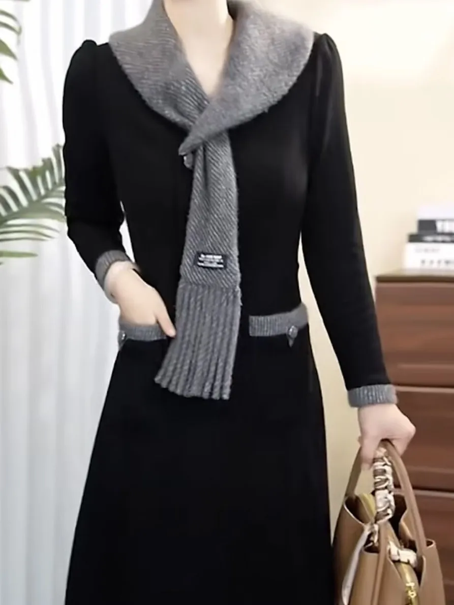 

Ele Thiened Fce Dr Scarf Collar Splicing Design Slimming Belly Covering Autumn Winter New Sle Korean Faion Wo...