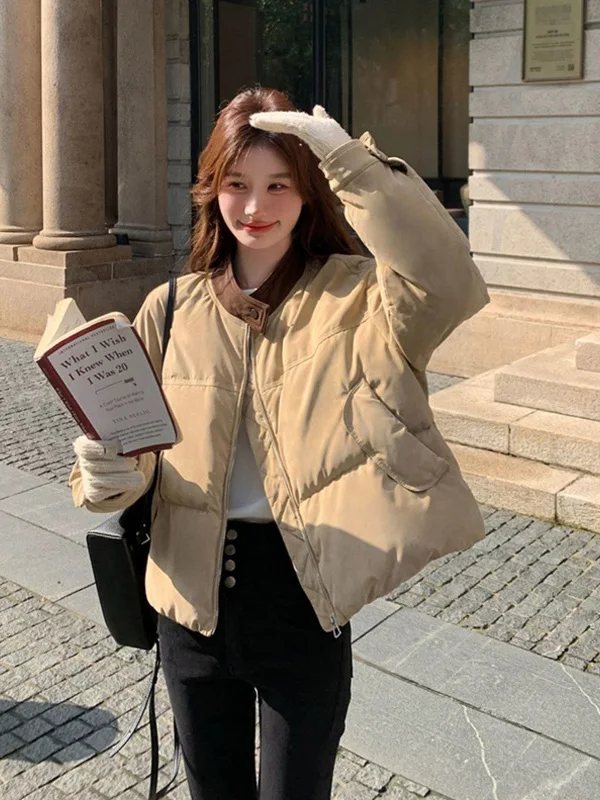 

Короткая утепленная хлопковая куртка в корейском стиле, женская зимняя модная теплая верхняя одежда для повседневной носки, контрастный цвет, воротник-стойка