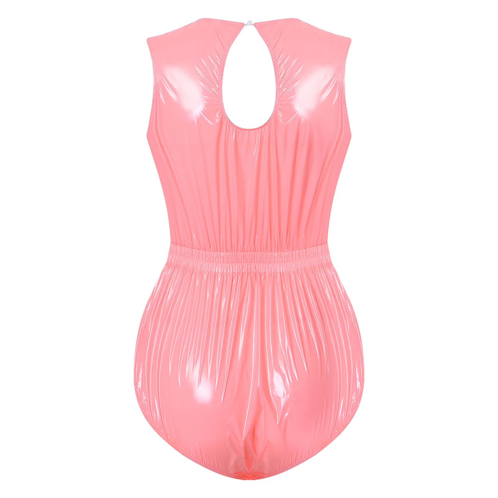 Waterproof Vinyl Tempting Leotard for Women Sleeveless Back Keyhole Front Chest Pocket Elastic Waist Buttoned Crotch Bodysuit