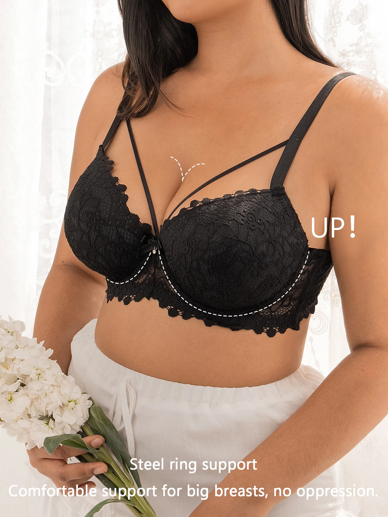 Women C-D Cup Floral Lace Underwire Bra Scalloped Edge Double Thin Straps Rhinestone Gathering Lingerie image 4