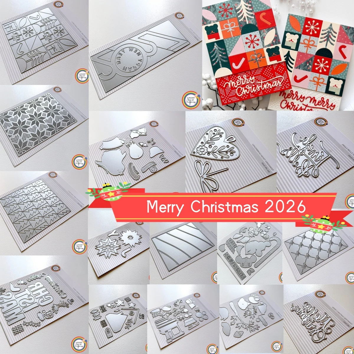 Christmas 2026 Winter Cottage Panda Penguin Joy Mosaic Tree Background Metal Cutting Dies for DIY Making Gift Card Scrapbook