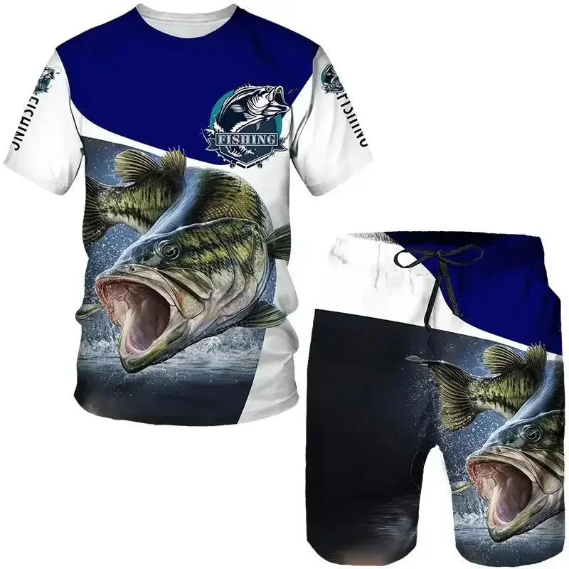 Fishing Hunting 3D Print T-shirt Shorts 2-piece Set O-neck Retro Fashion Sports Short Sleeve Pullover High-quality Men Outdoor