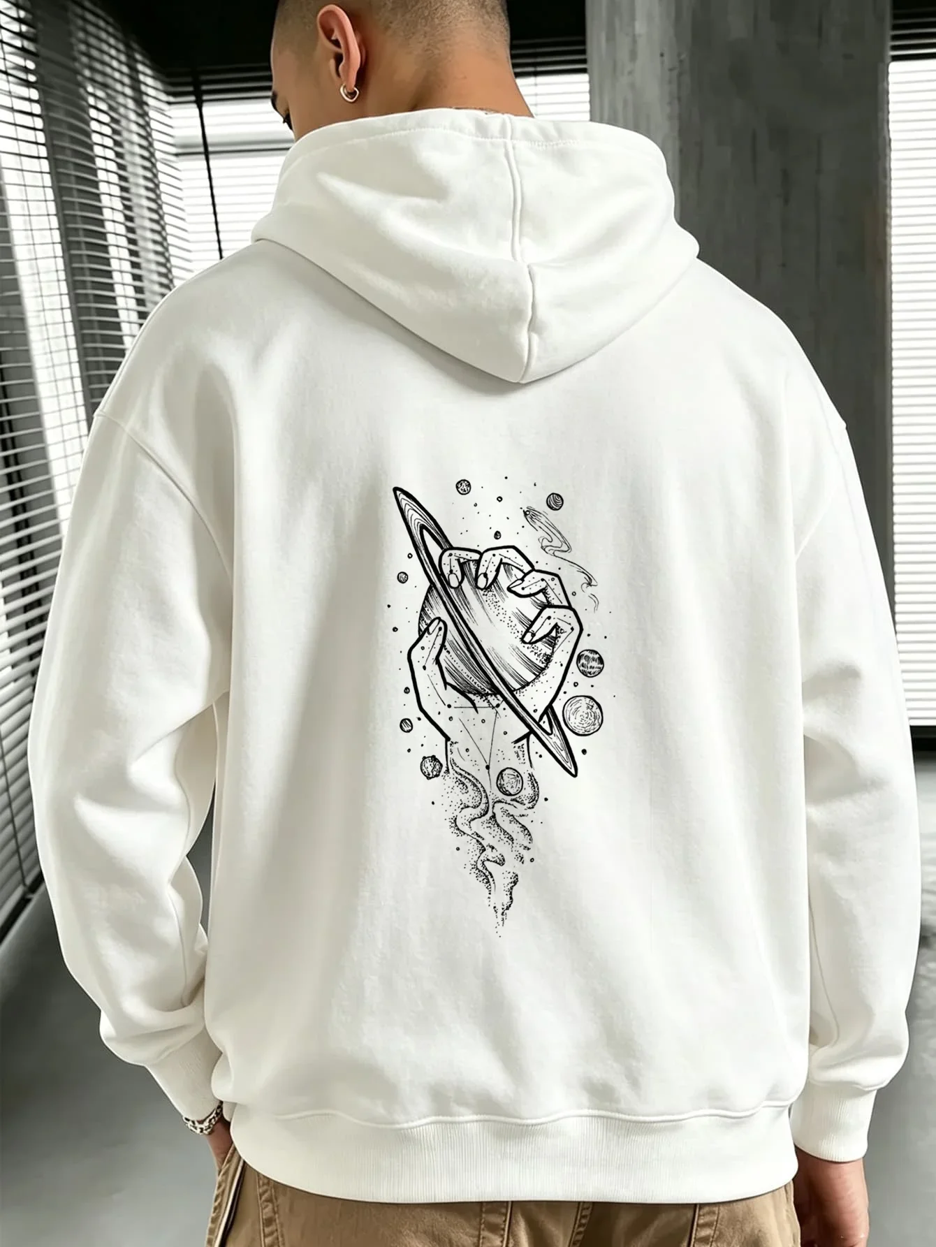 Mens Pink Hooded Sweatshirt Back Cosmic Hand Saturn Print Drawstring Pocket Loose Pullover Hood Top