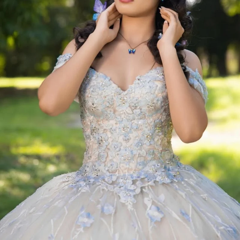 

Light BlueQuinceanera Dress Crystal Glitter Decal off-shoulder Lace 3D flower Long tail Vestidos De 15 Quinceanera ﻿Customize