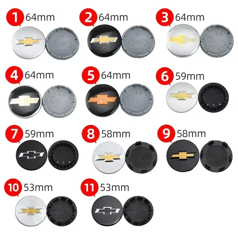 4pcs 53mm 58mm 59mm 64mm Car Wheel Rims Center Hub Caps Cover for Chevrolet Silverado Cavalier Equinox RS Trailblazer Spark