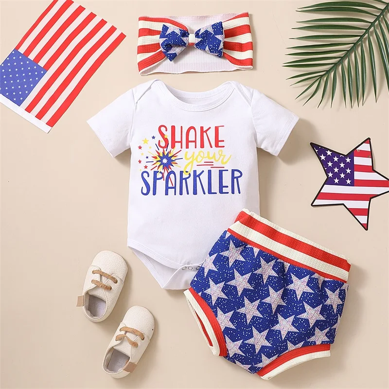 Toddler Girls Independence Day Clothes Sleeveless Star Stripe Print Romper Skirt Bow Headband Set for 4th of July