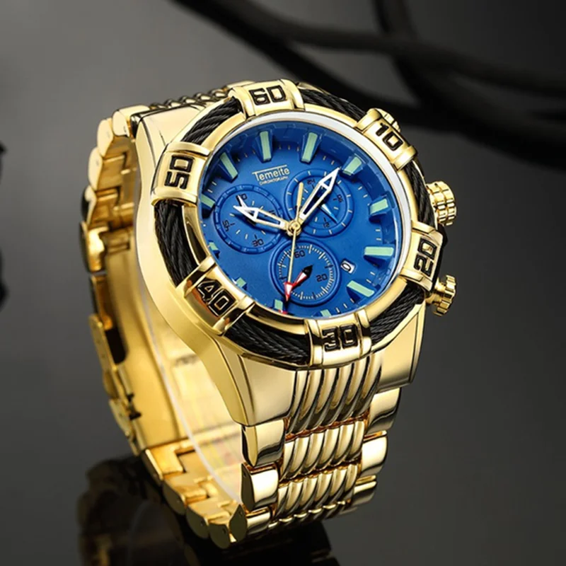 

2024 Temeite Golden Watch For Men Luxury Brand Full Steel Big Dial Heavry Chronograph Gold Male Wristwatches Relogio Masculino