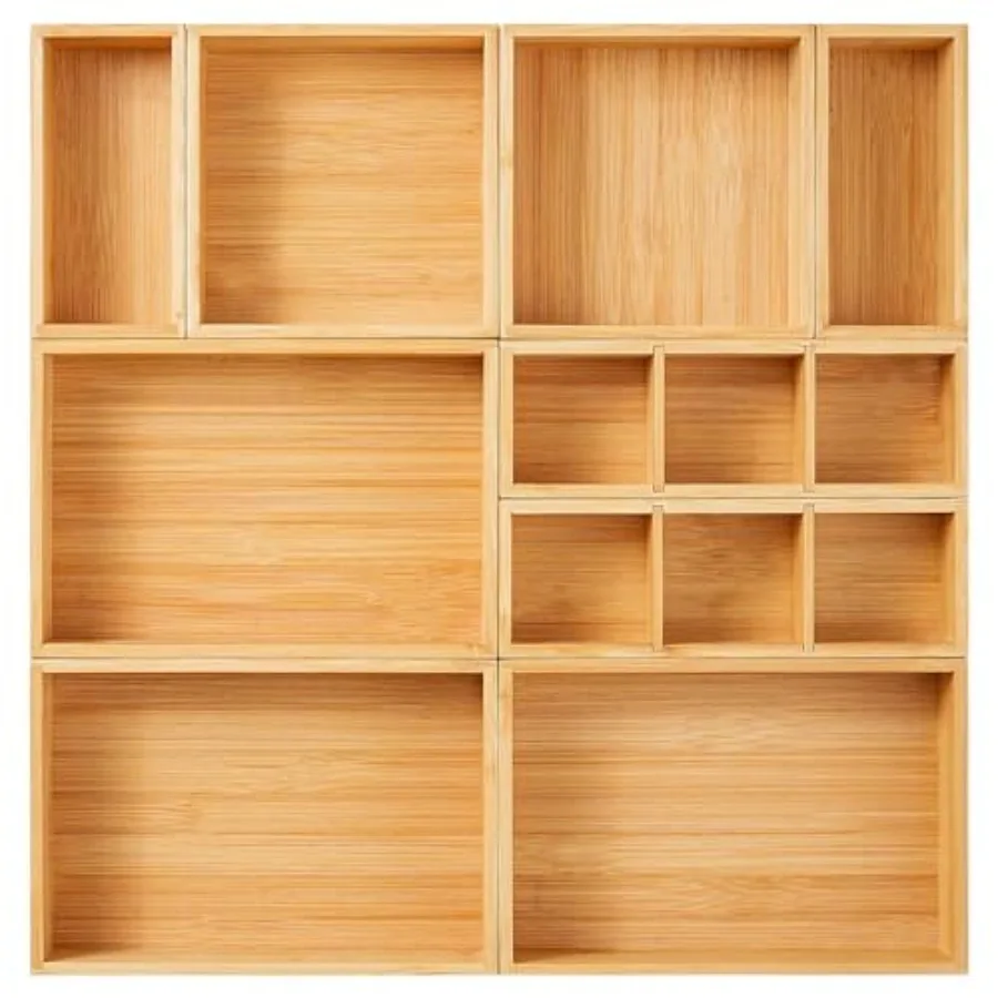 

Drawer Organizer Set of 9 Bamboo Wood Kitchen Makeup Desk Junk Tea Drawer Storage Boxes Bins for Cutlery Silverware Utensils Fl