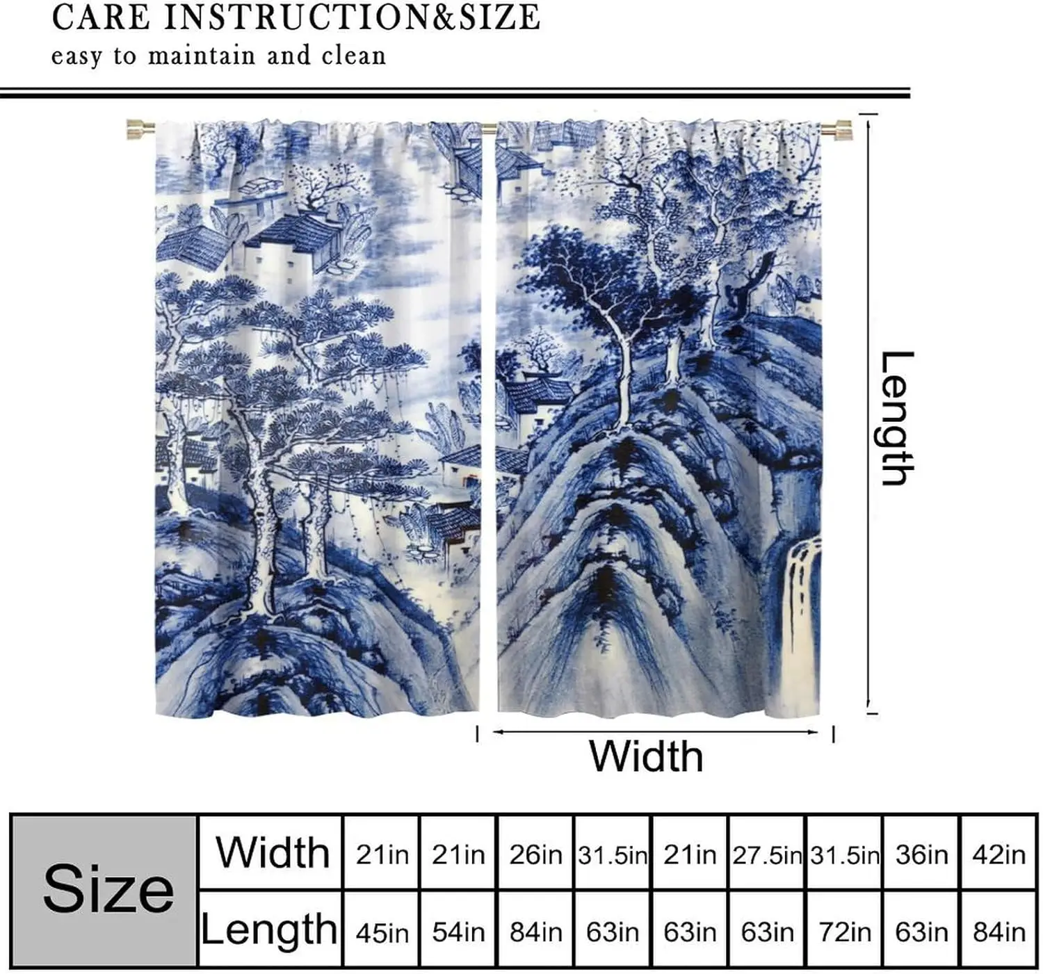 Asian Style Blue Porcelain Floral Curtains, Gold Flower Print 2 Panels Drapes for Kitchen Bathroom Decor