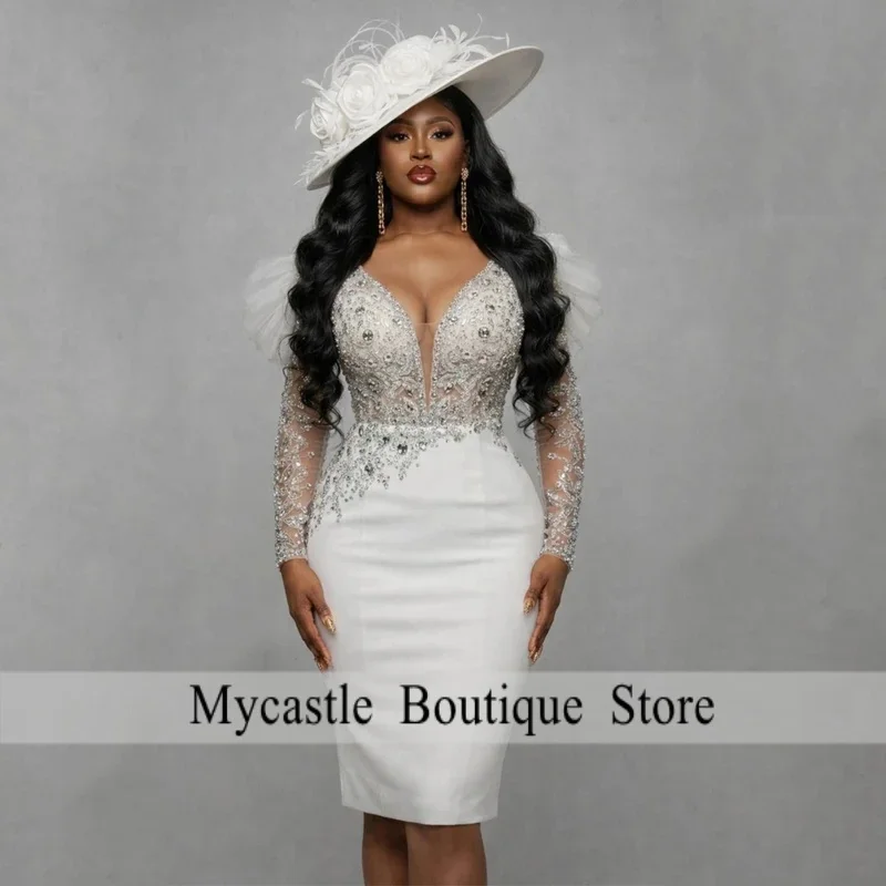 2026 Aso Ebi Civil Wedding Dresses for Bride V Neck Long Sleeve Knee Length Straight Crystal Bridal Reception Dress Customized