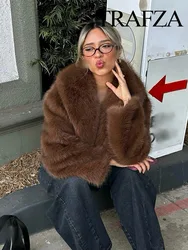TRAFZA Woman Turn-Down Collar Loose Outerwear Women Elegant Solid Faux Fur Jackets Casual Long Sleeves For Warmth Winter Coat