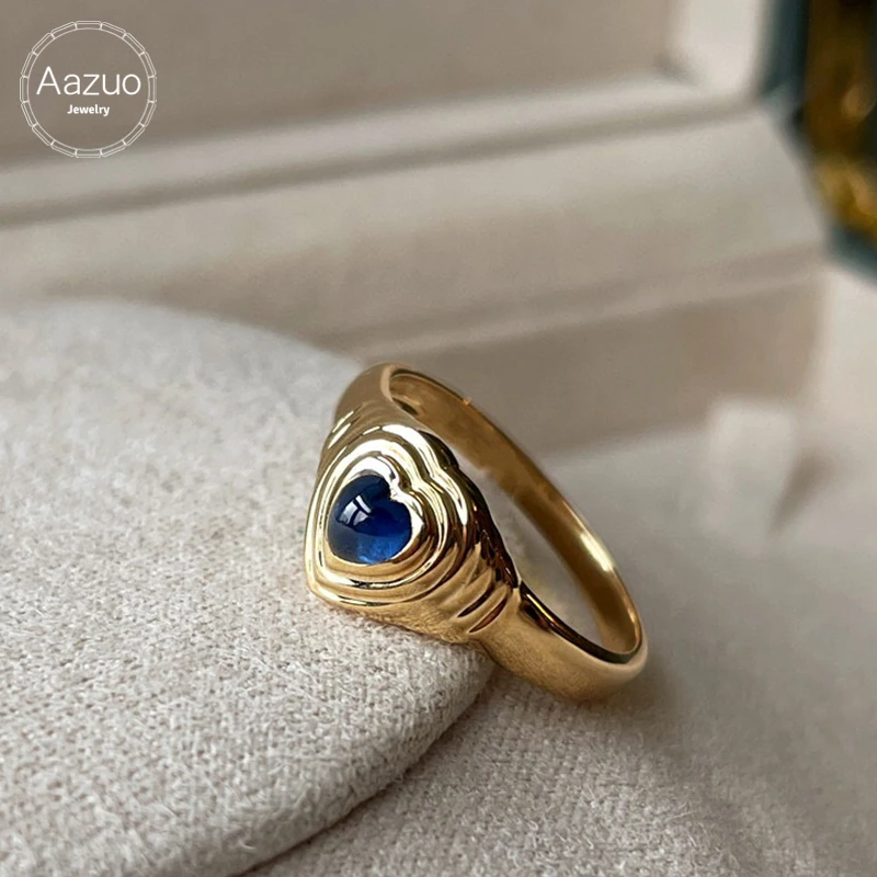 Aazuo-anillos con forma de corazón para mujer, sortija de oro amarillo puro de 18K, zafiros azules naturales, regalo para fiesta de compromiso de cumpleaños, Au750