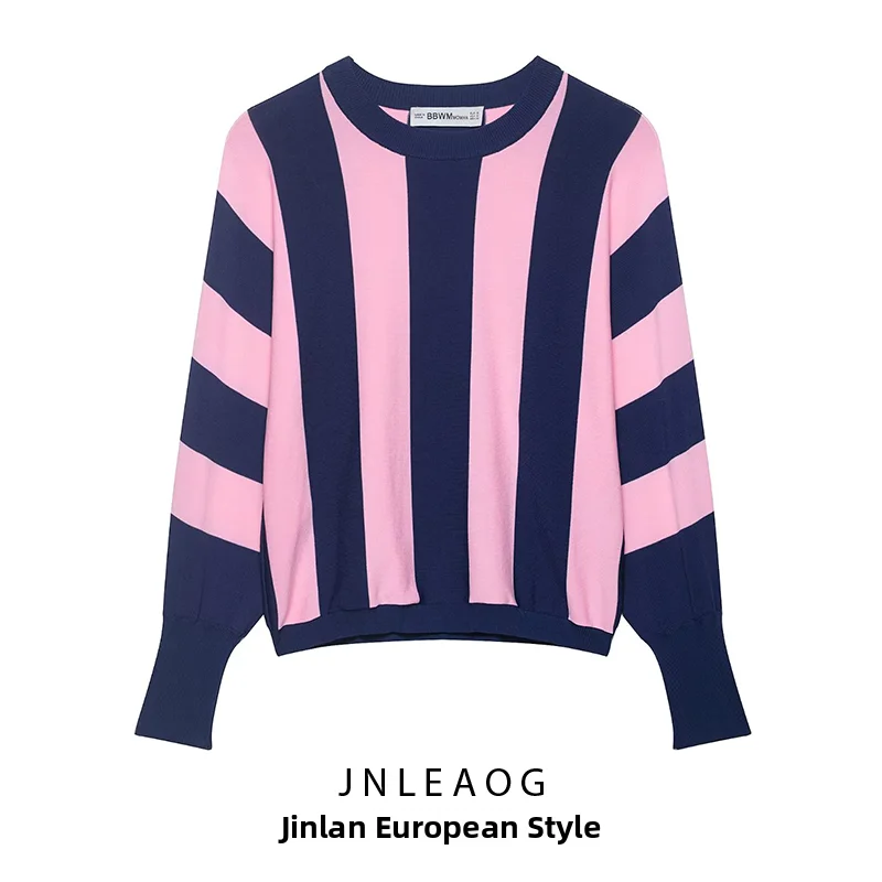 Fashionable Striped Knitted Sweatshirt JNLEAOG Spring New Arrival Women's Polyester Fiber Long Sleeve Regular Fit Overhead La...