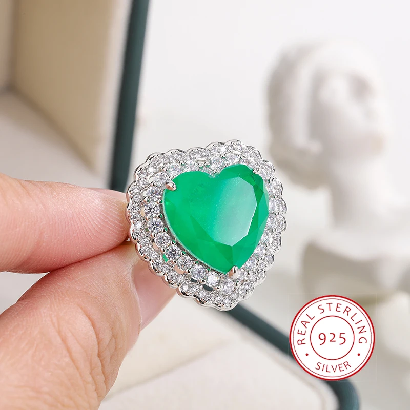 Luxurious Green Palaiba Heart-shaped Zircon Ring for Women's Fashion Instagram Pop Engagement Bride Jewelry 925 Stamp Ring