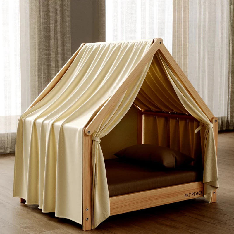 Solid Wood Dog Kennel Tent Semi-enclosed Breathable Indoor Dogs House Moisture-proof Comfortable Safety Dog Kennel with Cushion
